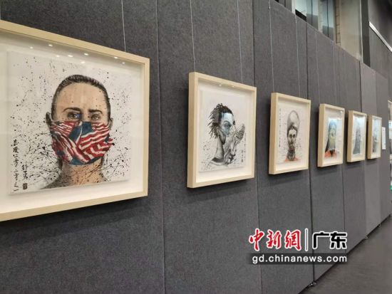《讲好中国故事―从丝路金桥到舒勇每日一画致敬战疫英雄》主题作品巡展在广州图书馆拉开序幕。图为《态度2020》系列。作者：郭军 