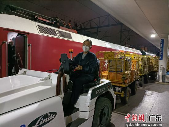 许新奇驾驶着一辆白色牵引机车分批次将一辆辆满载货物的板车拉上站台 作者 黎熙齐